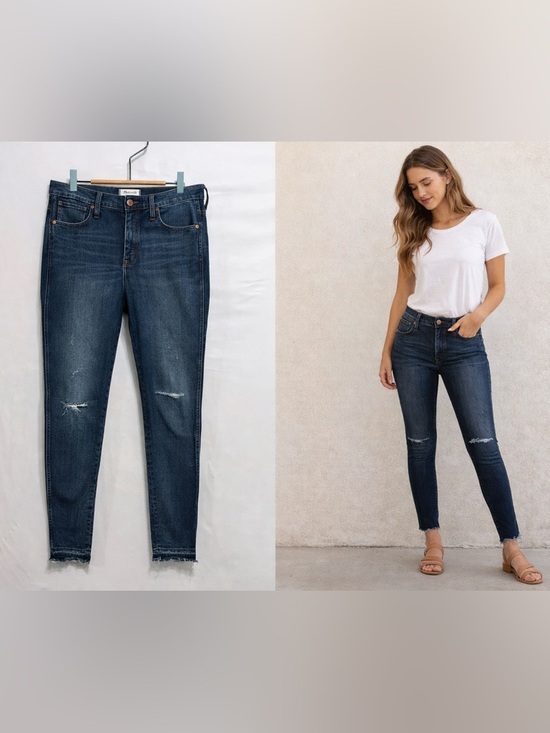 Madewell Denim - Madewell 9” High Rise Skinny Jeans Dark Wash 31 Raw Hem Distressed